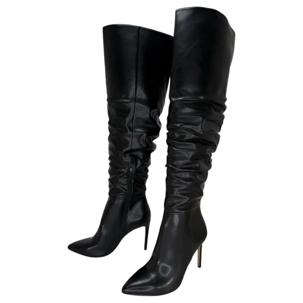 INC Iyonna Black Faux Leather Ruched Shaft OTK Heeled Womens Boots Size 8M